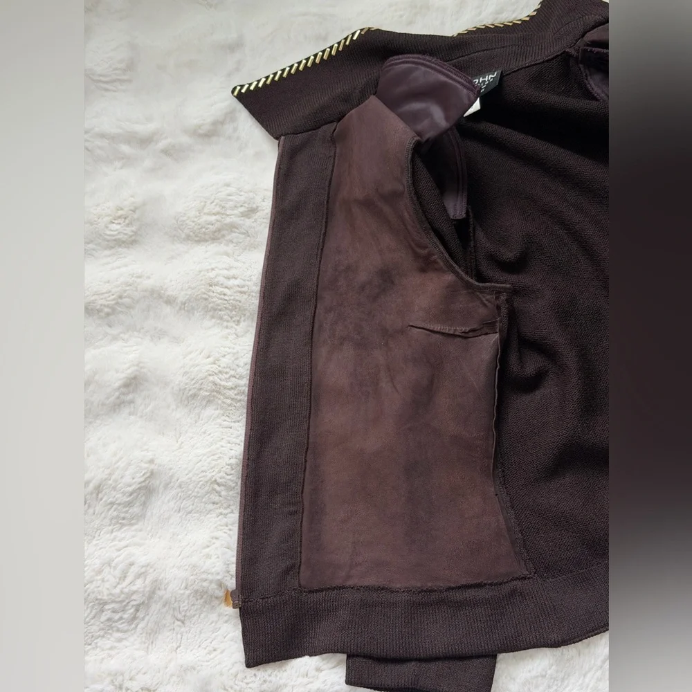 ✨St. John Collection Brown Suede Knit Jacket Gold Chain Trim Zipper Blazer - 10